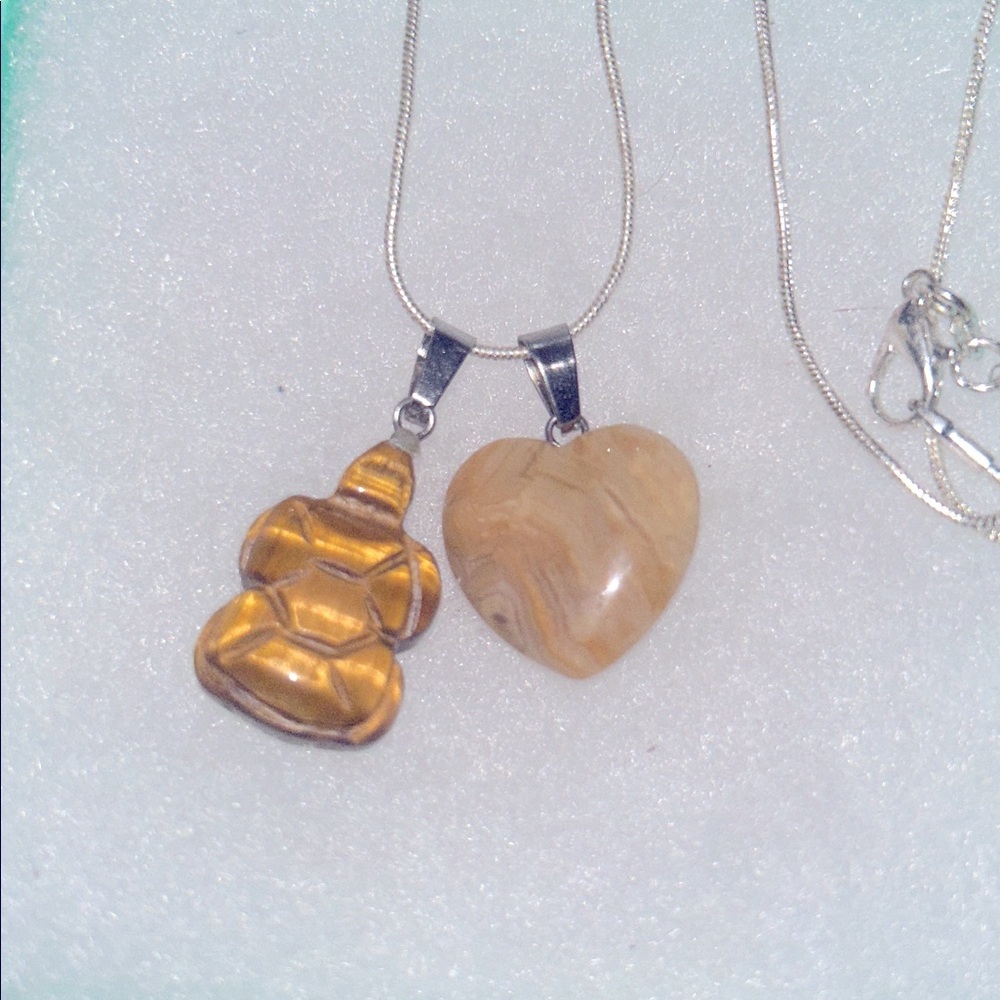 Agate Heart ❤️ and Tigers Eye turtle 🐢 sterling silver 16” necklace
